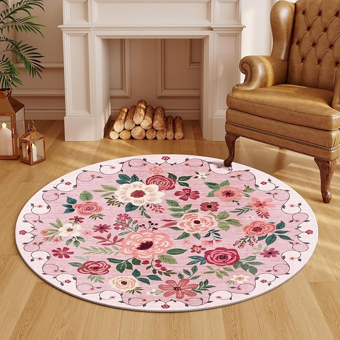 DUKINO Floral Round Rug, 4ft Washable Round Area Rug, Non Slip Indoor Low Pile - Image 6