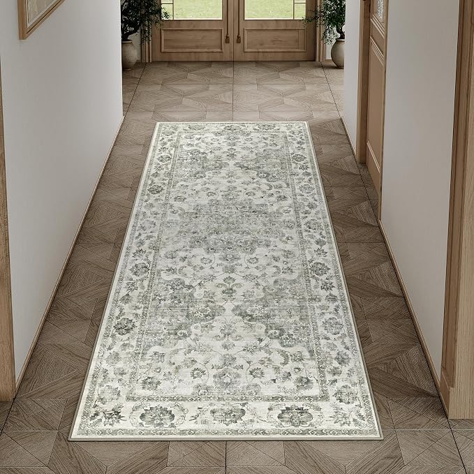 2x5 Washable Neutral Runner Rug Green Vintage Hallway Kitchen Carpet Non-Slip by WondRg