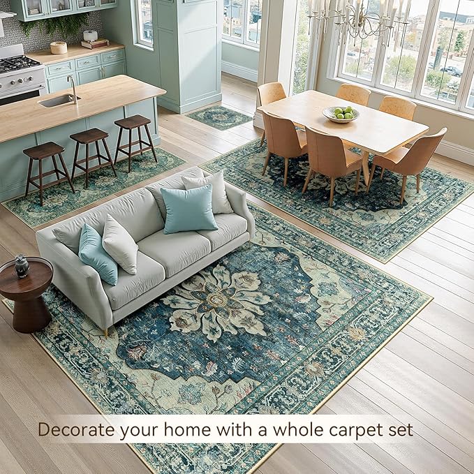 RELEANY Area Rugs 4'x6' Washable Non-Slip, Floral Vintage Distress Medallion - Image 4