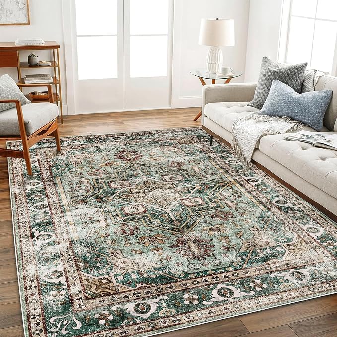 CHAMPLANT Green Area Rug 10'x14' Washable Vintage Traditional Mat Distressed by CHAMPLANT