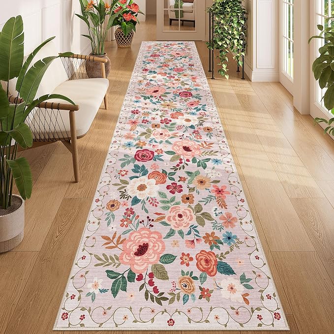 DUKINO 2.6x12 Kitchen Runner Rug, Lightweight Floral Washable Rug by DUKINO