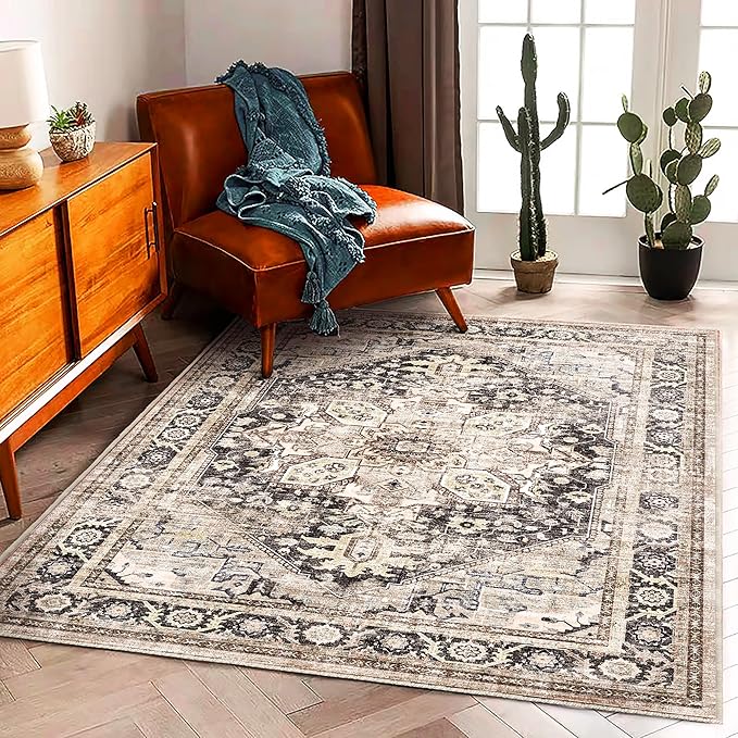 CHAMPLANT 3'x5' Washable Thin Area Rug Black-Purple Khaki Vintage Traditional by CHAMPLANT