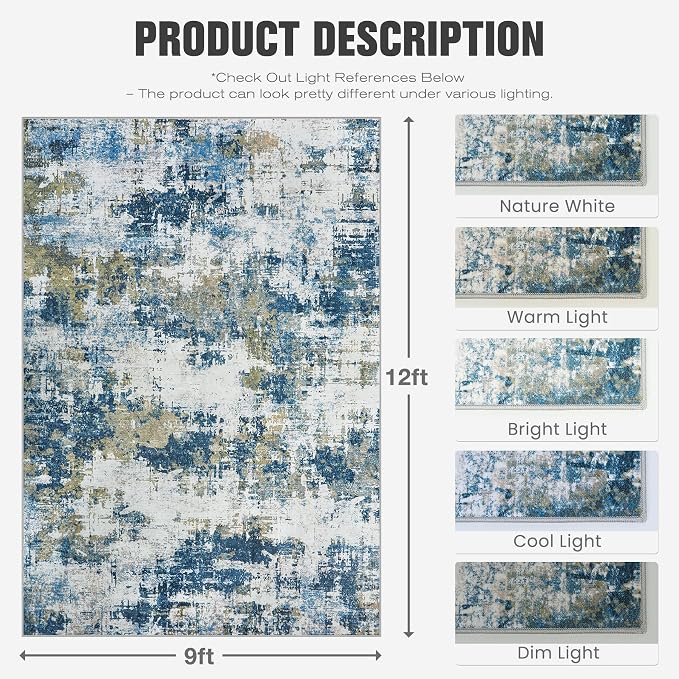 Area Rug 9x12 Living Room Rug Washable: No-Slip Abstract Soft Thin Large Blue - Image 2
