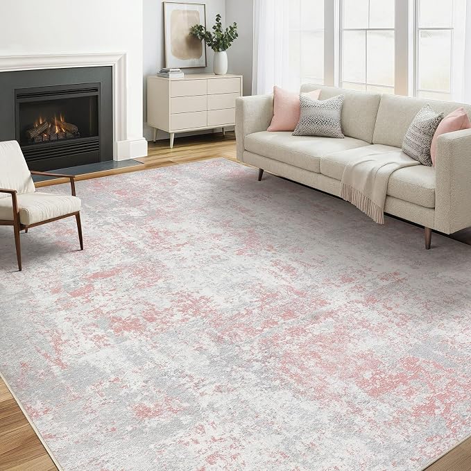 Pink Rug 5x8 Living Room: Washable Large Abstract Neutral Modern Soft Rug Stain by LOONGRUG