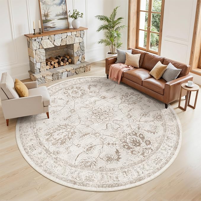 Madane Washable Round Rug 9ft for Living Room, Soft Ultra-Thin Non-Slip Vintage by Madane