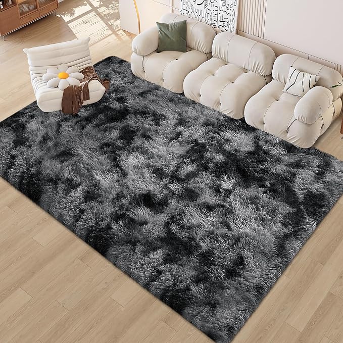 Soft Fluffy Plush Area Rug for Bedroom Living Room, 5x8 Tie-Dyed Grey and Black - Image 8