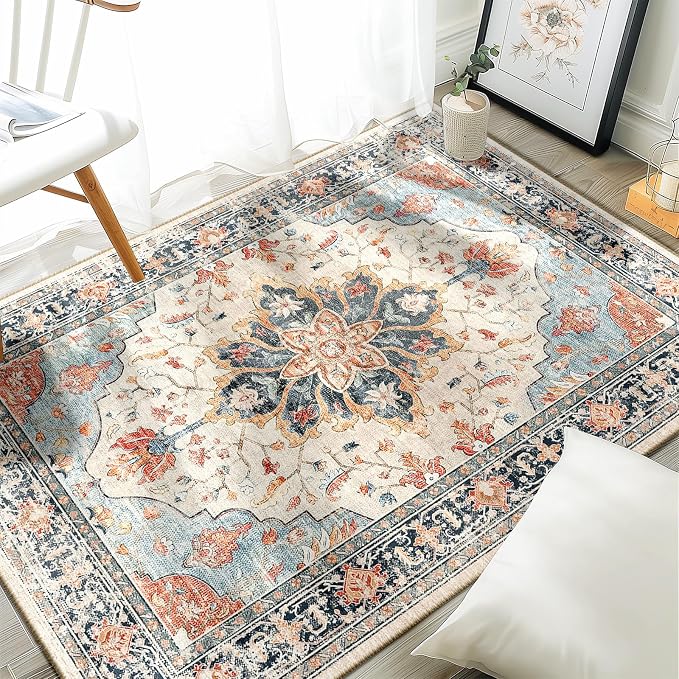 RELEANY Area Rugs 3'x5' Washable Non-Slip, Floral Vintage Distress Medallion - Image 2