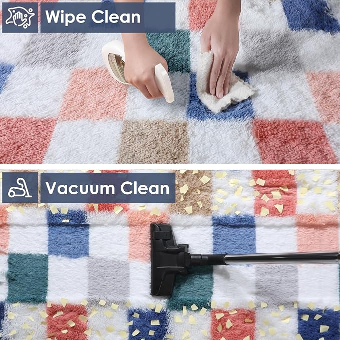 KICMOR Rugs for Living Room, 5x7 Fluffy Soft Colorful Checkered Shag Area Rug - Image 6