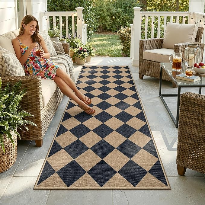 Lahome Checkered Easy Jute Non Slip Kitchen Runner, Checkerboard Indoor Outdoor - Image 3