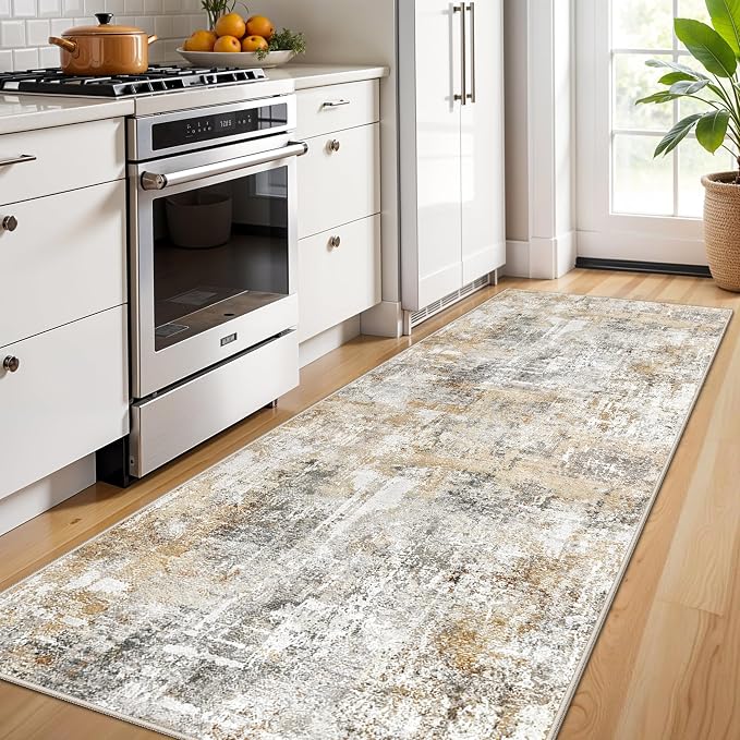3x7 Washable Non-Slip Kitchen Runner Rug – Modern Abstract Neutral Beige & Gray - Image 3