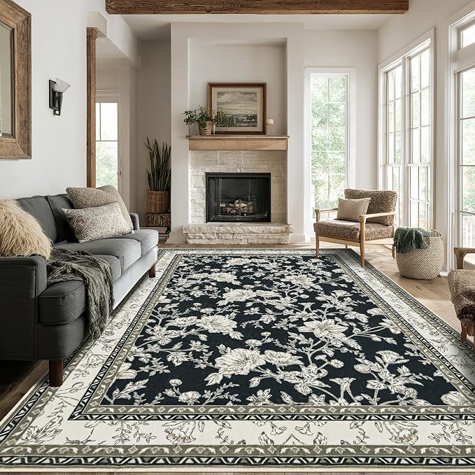 Black Floral Area Rugs 6x9 Living Room, Vintage Modern Farmhouse Boho Indoor - Image 7