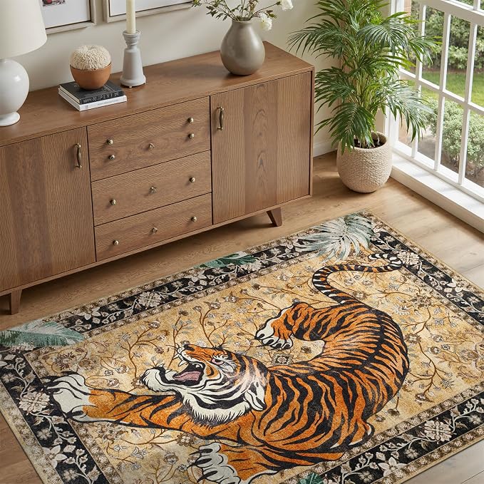 DCX Washable 3x5 Tiger Rug, Soft Low Pile Carpet, Kid & Pet Friendly - Image 4