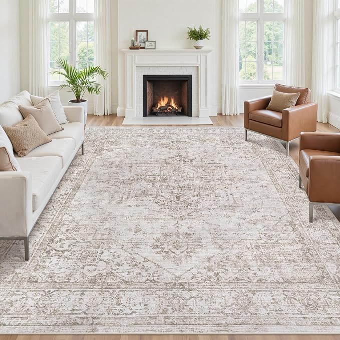 9x12 Area Rugs for Living Room:Beige Washable Vintage Medallion Carpet Non-Slip - Image 3