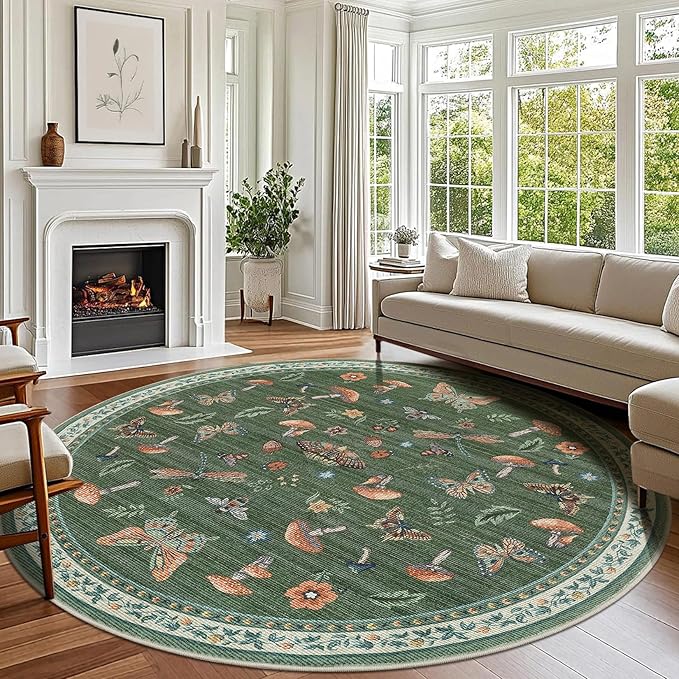 Mushroom Insect 6ft Round Rug Washable Non-Slip Soft Ultra-Thin Boho Circle by ROYHOME