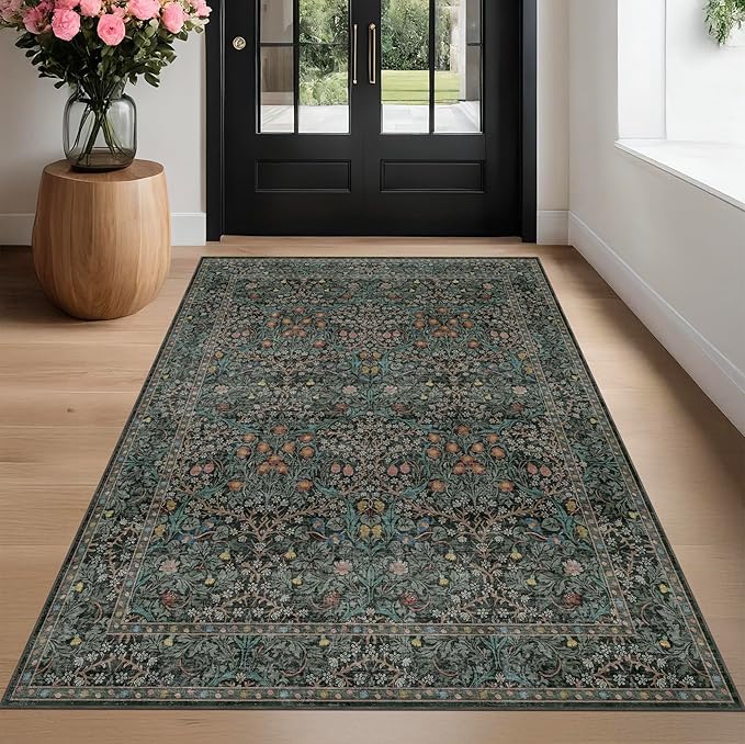 Dark Green Floral Living Room Rug 5x7 Area Rug - Image 9