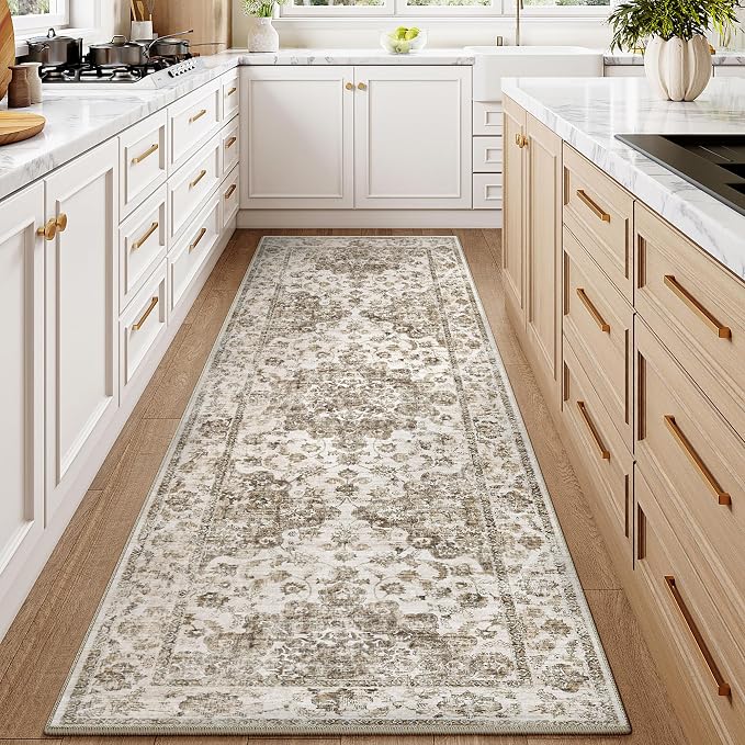 2x6 Washable Neutral Runner Rug Brown Vintage Hallway Kitchen Carpet Non-Slip - Image 2