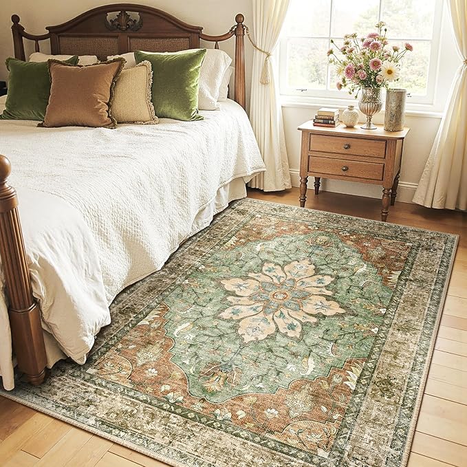RELEANY Area Rugs 4'x5' Washable Non-Slip, Floral Vintage Distress Medallion by RELEANY