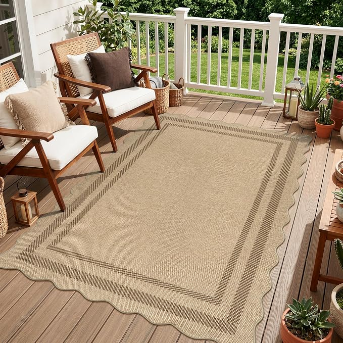 LIVEBOX Scalloped Easy Jute 4x6 Outdoor Rug, Washable Non Slip Geometric Area - Image 2
