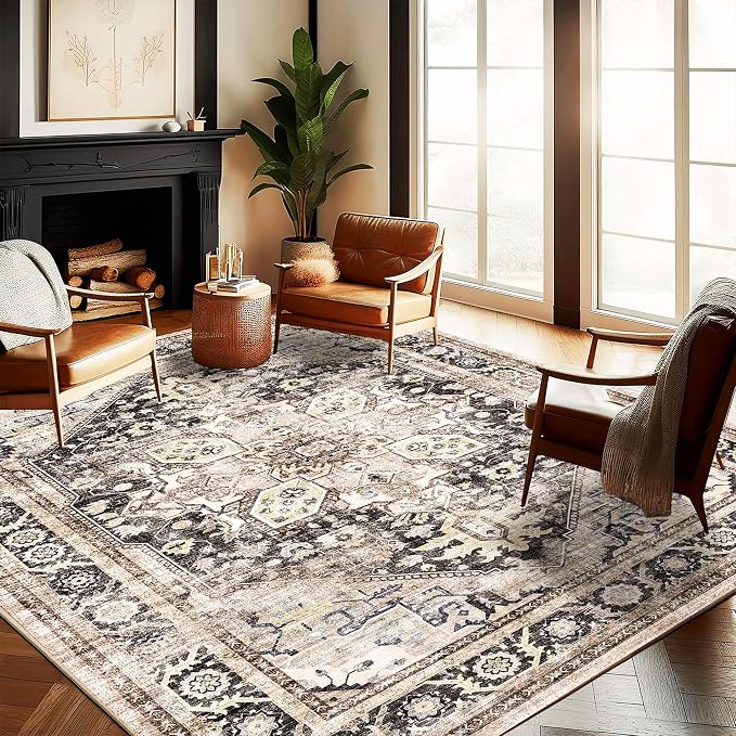 CHAMPLANT Washable Area Rug 10'x14' Black-Purple Khaki Retro Flowers Boho by CHAMPLANT