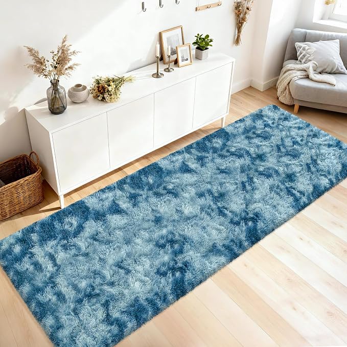 3x10ft Plush High Pile Blue Tie-Dyed Rug Fluffy Soft Runner Bedside Rug - Image 9
