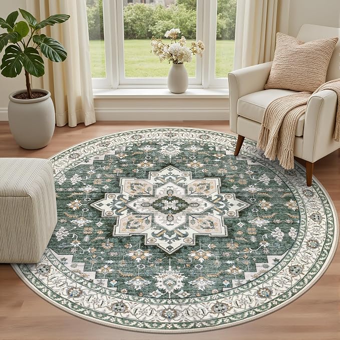 Round Area Rug for Living Room: 6ft Washable Vintage Boho Soft Thin Circle Rug - Image 2
