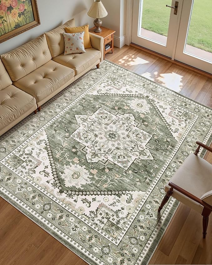 12x15 Vintage Area Rug: Washable Neutral Soft Non Slip Thin Large Floor Carpet - Image 2