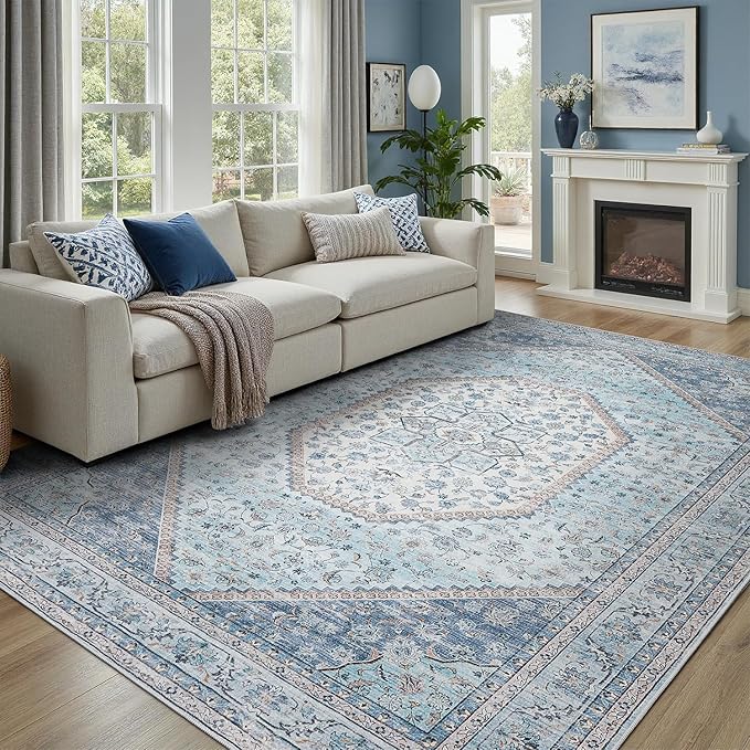 DCX Machine Washable Blue Rugs for Living Room 9x12, Non Slip Stain Resistant by DCXWashableRug