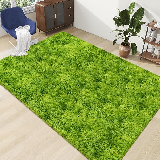 Tie Dyed Grass Green Shag Rug 5x8, Soft Plush Green Fluffy Rug Large Fuzzy Area - Image 8