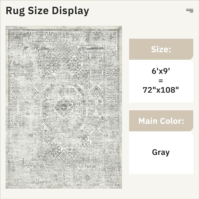Soalmost 6x9 Area Rug for Living Room Floral Washable Non-Slip Gray Rugs for - Image 3