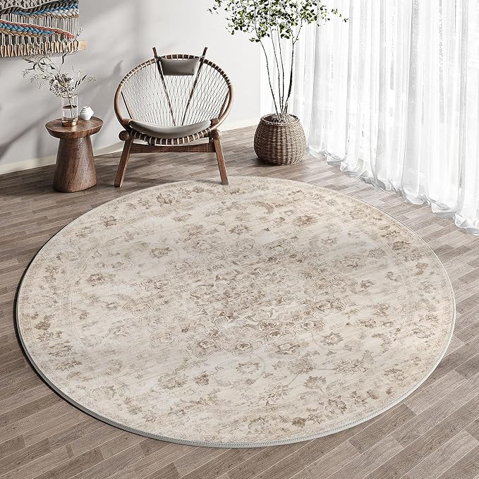 6x6 Washable Neutral Round Rug Beige Vintage Living Room Bedroom Circle Rug - Image 3