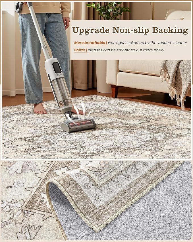 10x12 Vintage Area Rug: Washable Neutral Soft Non Slip Thin Large Floor Carpet - Image 5