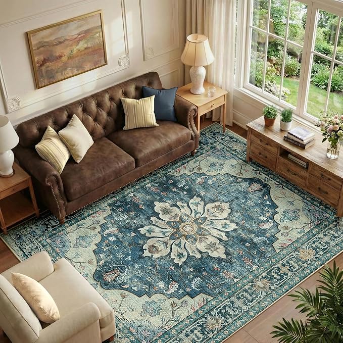 RELEANY Area Rugs 6'x9' Washable Non-Slip, Floral Vintage Distress Medallion by RELEANY