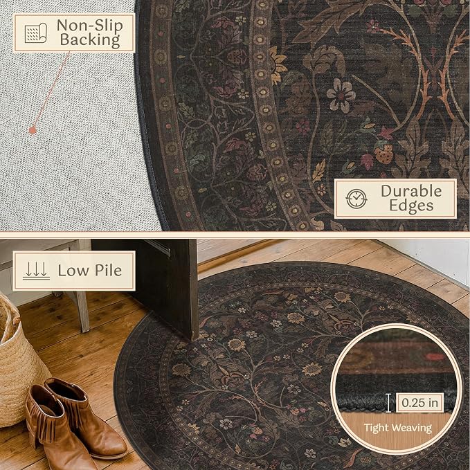 Brown Floral 6ft Round Rug for Living Room Kitchen Dining Room Under Table - Image 5