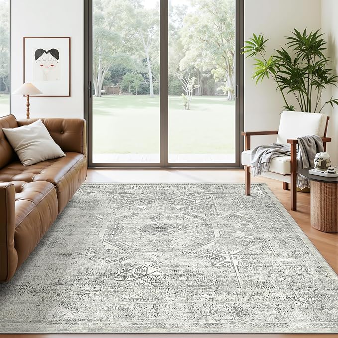Soalmost 5x7 Area Rugs Grey Low Pile Indoor Washable Trendy Faded Style Floral by Soalmost