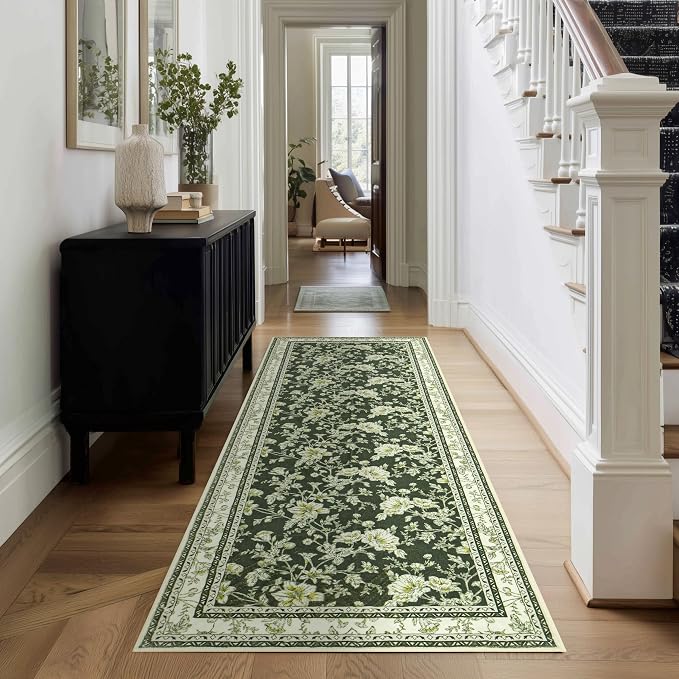 Olive Green Floral Print Area Rugs by BILEEHOME