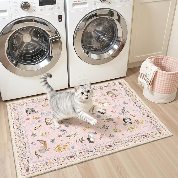 Soalmost 2x3 Cat Rugs for Entryway, Machine Washable Door Mat Animal Floral - Image 2