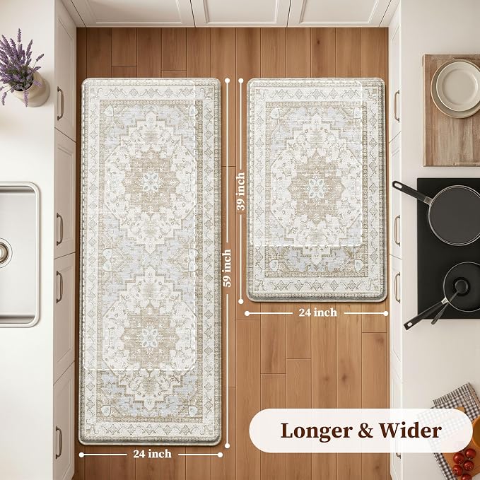 Boho Kitchen Mats for Floor 2 Piece Set Anti Fatigue Cushioned PVC Kitchen Rugs - Image 2