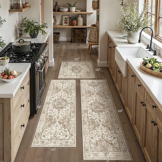 Neutral Kitchen Rug Set of 3 Washable Brown Vintage Kitchen Mats - Image 5
