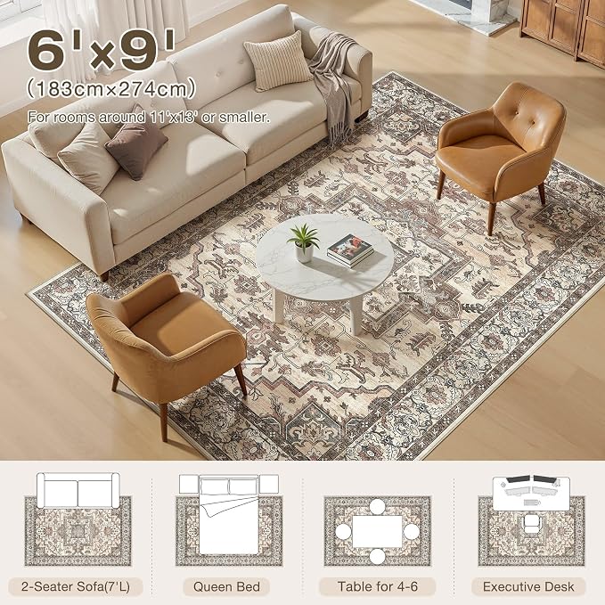 6x9 Area Rugs Living Room: Washable Vintage Rug Large Non-Slip Stain Resistant - Image 8