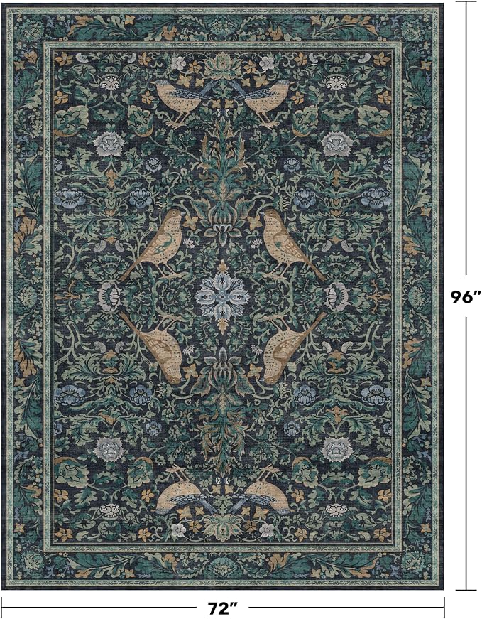Washable 6x8 Blue Floral Area Rug - Image 2