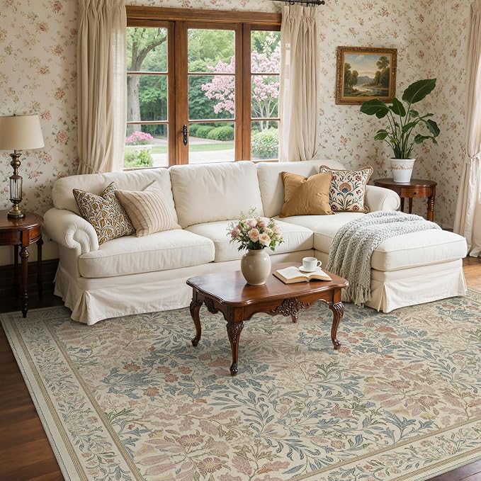 GENIMO 8x10 Washable Area Rug, Non-Slip Vintage Boho Floral Carpet, Soft - Image 3