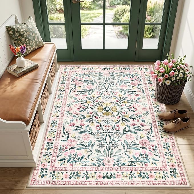 Area Rug Living Room Rugs: Floral 3x5 Washable Rug Vintage Soft Boho Non-Slip by PLHXFRSoftAreaRugs
