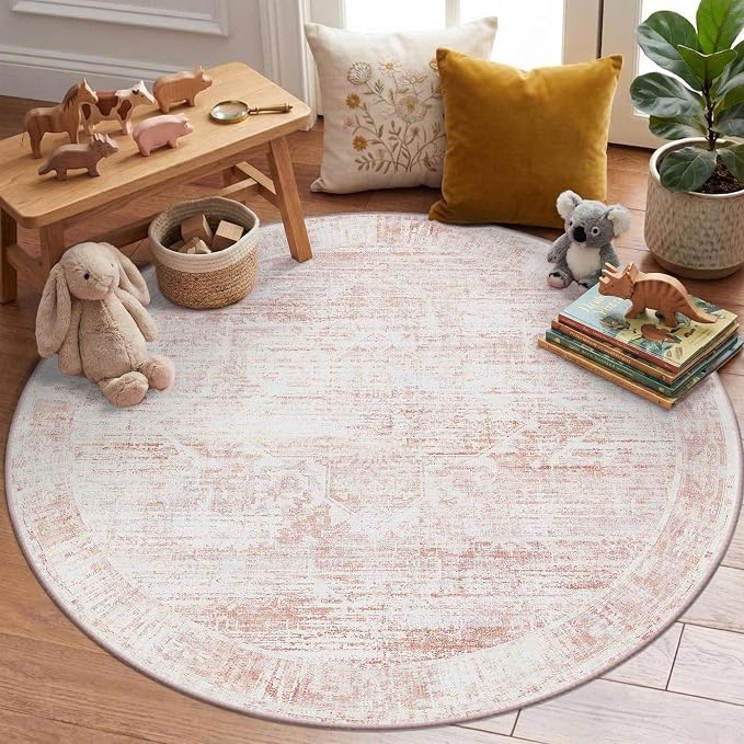 Latte&Fog 4ft Pink Floral Round Circle Area Rug, Low Pile Non Slip Indoor Small by LatteFog