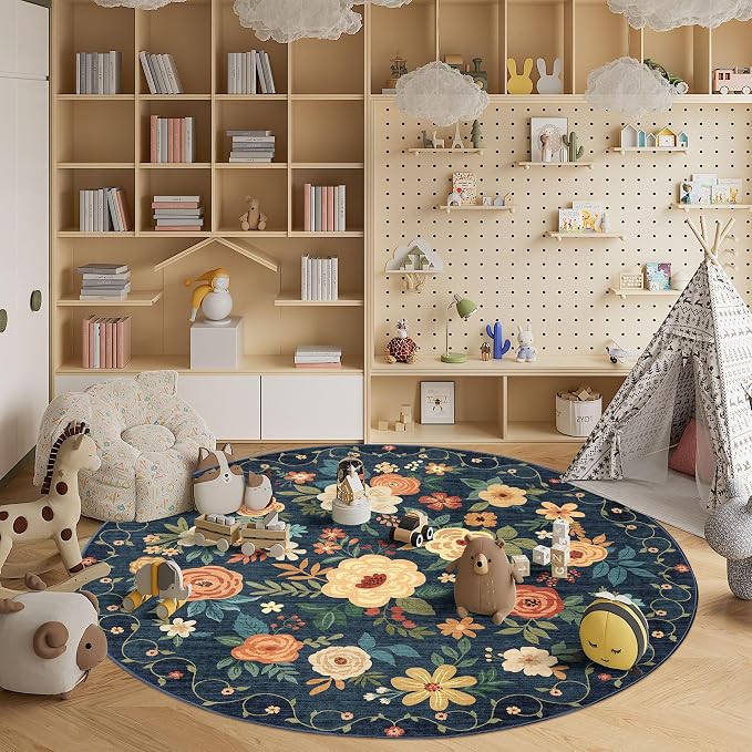 DUKINO Floral Round Rug, 6ft Washable Circle Rug, Non Slip Indoor Low Pile - Image 4