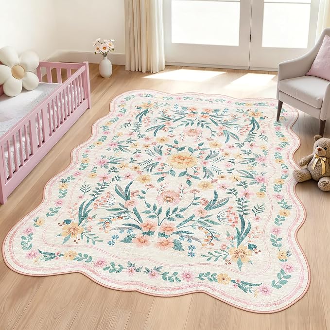 Pink Floral Rug 5X7 for Girls Bedroom or Nursery, Scalloped Washable Non-Slip by Dadasgk