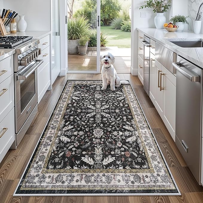 4x6 Kitchen Rug Non-Slip Washable – Boho Vintage Low-Pile Soft Area Carpet by BYYVOORugsforYourHome