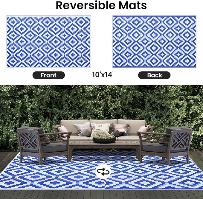 Smiry Waterproof Outdoor Rug 10X14 ft, Reversible Plastic Straw Patio Camping - Image 3