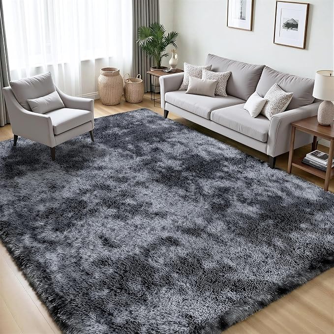 Area Rug for Living Room Bedroom: 4x6 Black Grey Soft Fluffy Shag Upgrade - Image 3