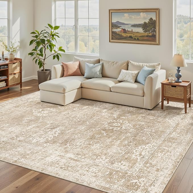 Madane Washable 7x9 Area Rugs for Living Room, Vintage Natural Rug by Madane