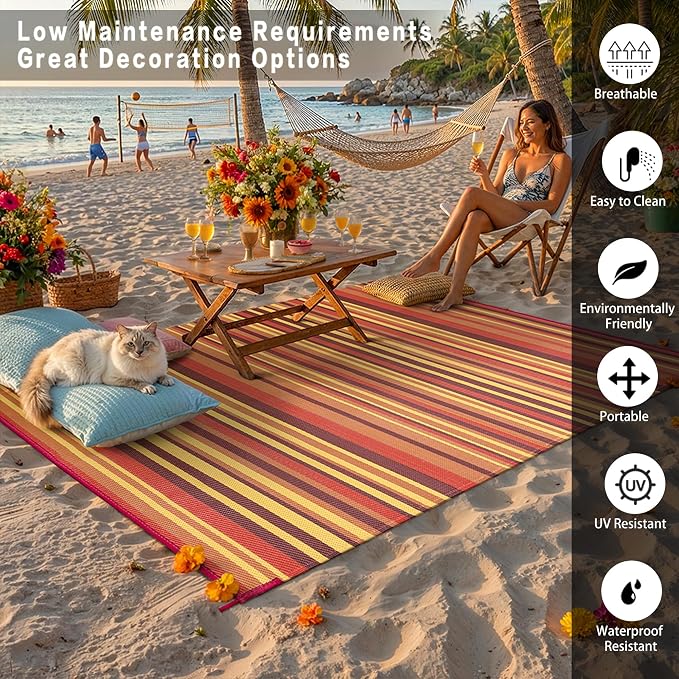 Outdoor Plastic Straw Rug Waterproof Patio 9x12 Red Orange Stripe Mat - Image 4